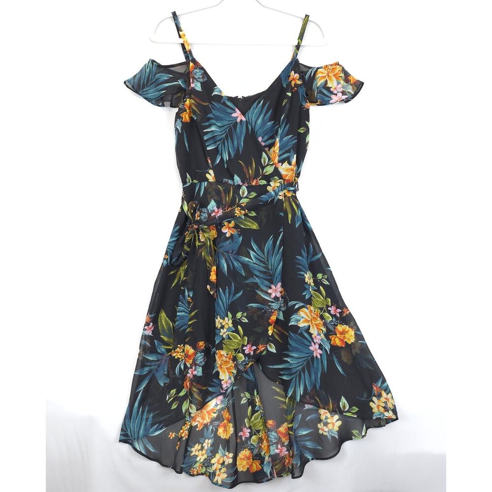 By & By Dress Faux Wrap Women 9 Black Floral High-Low Lined Cold Shoulder Belted